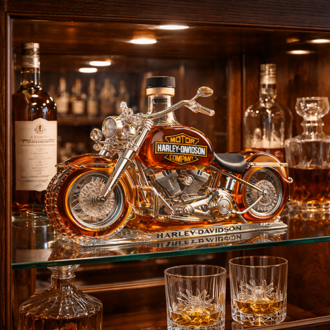 Veda Bremen Harley Davidson Edition whisky bottle in a sleek houseware design, featuring Harley Davidson branding on a clear glass bottle.