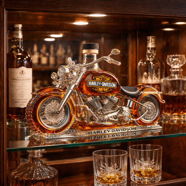 Veda Bremen Harley Davidson Edition whisky bottle in a sleek houseware design, featuring Harley Davidson branding on a clear glass bottle.