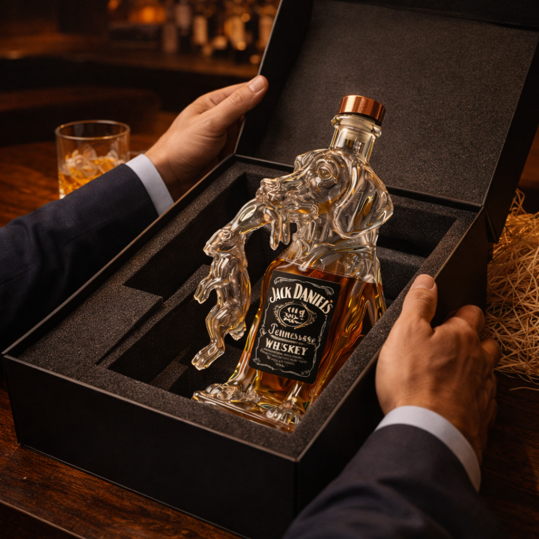 Veda Bremen Hunde Edition whisky bottle with dog-themed label, featuring a sleek glass design and detailed dog illustrations.