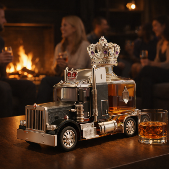 Veda Bremen Whisky Flachmann Truck Edition with metallic finish and engraved truck design, compact and portable for on-the-go use.