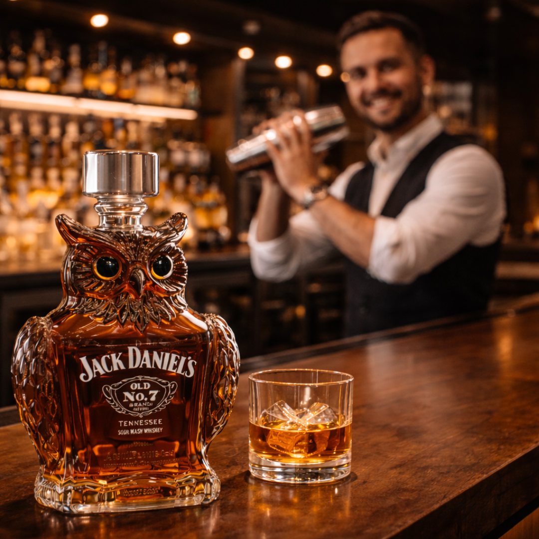 Veda Bremen Eulen Edition whisky bottle featuring a decorative owl design on the label and clear glass bottle.