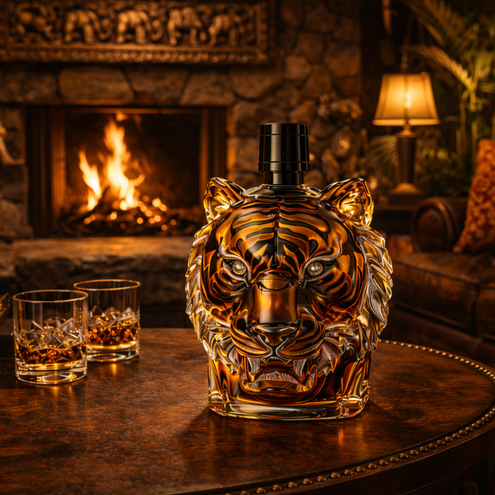 Veda Bremen Whisky Flasche, Tiger Edition, featuring a detailed tiger design on the label and amber-colored whisky inside