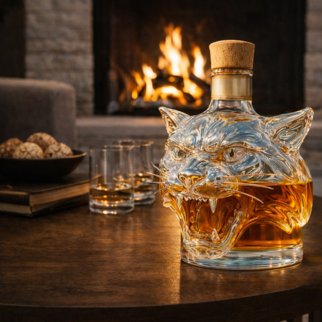 Veda Bremen Tiger Edition whisky bottle with a distinctive tiger-themed label and sleek glass design.