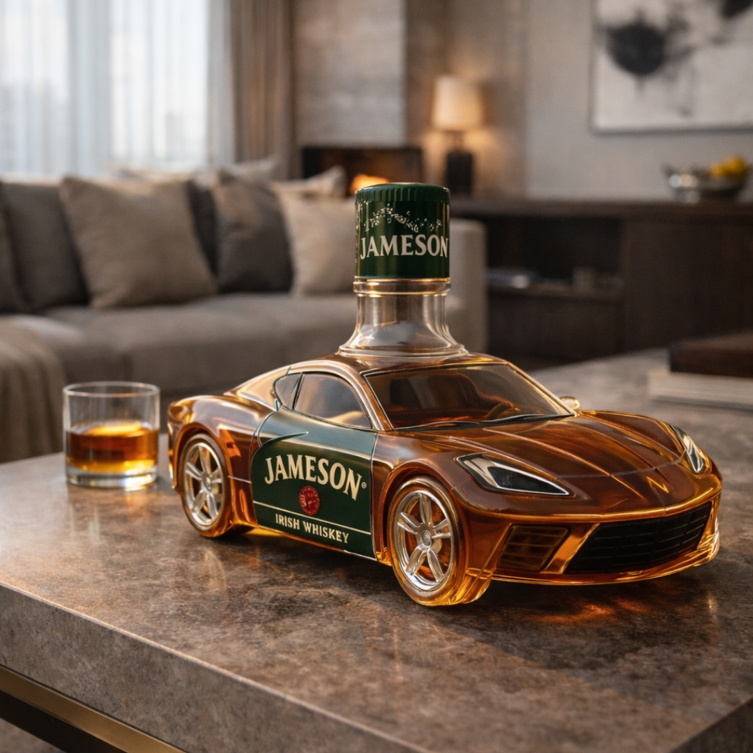Veda Bremen Corvette Edition whisky bottle with sleek design, featuring a detailed Corvette-themed label on clear glass.