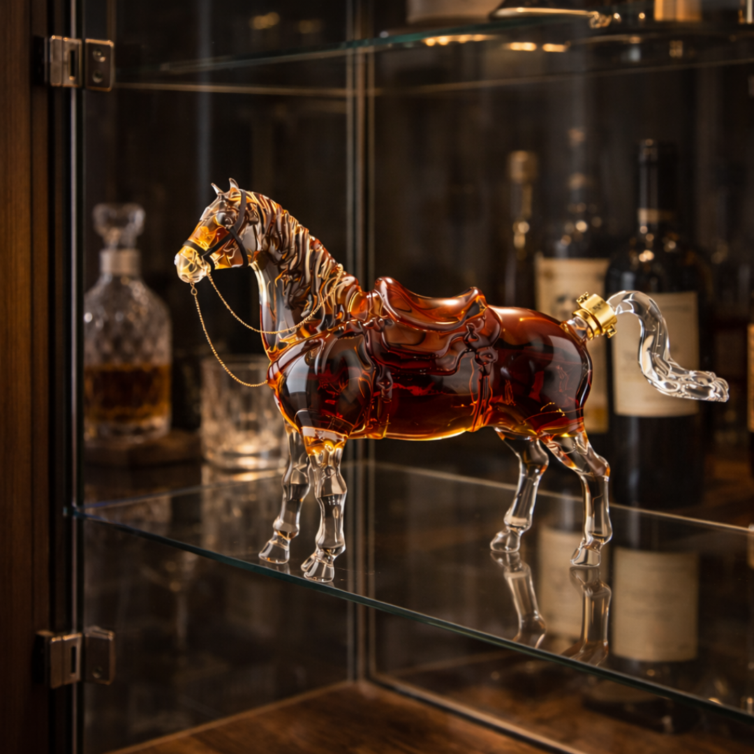 Veda Bremen Whisky Flasche Pferde Edition with horse-themed design, elegant bottle for whiskey enthusiasts.