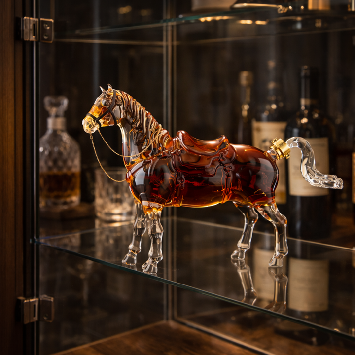 Veda Bremen Whisky Flasche Pferde Edition with horse-themed design, elegant bottle for whiskey enthusiasts.