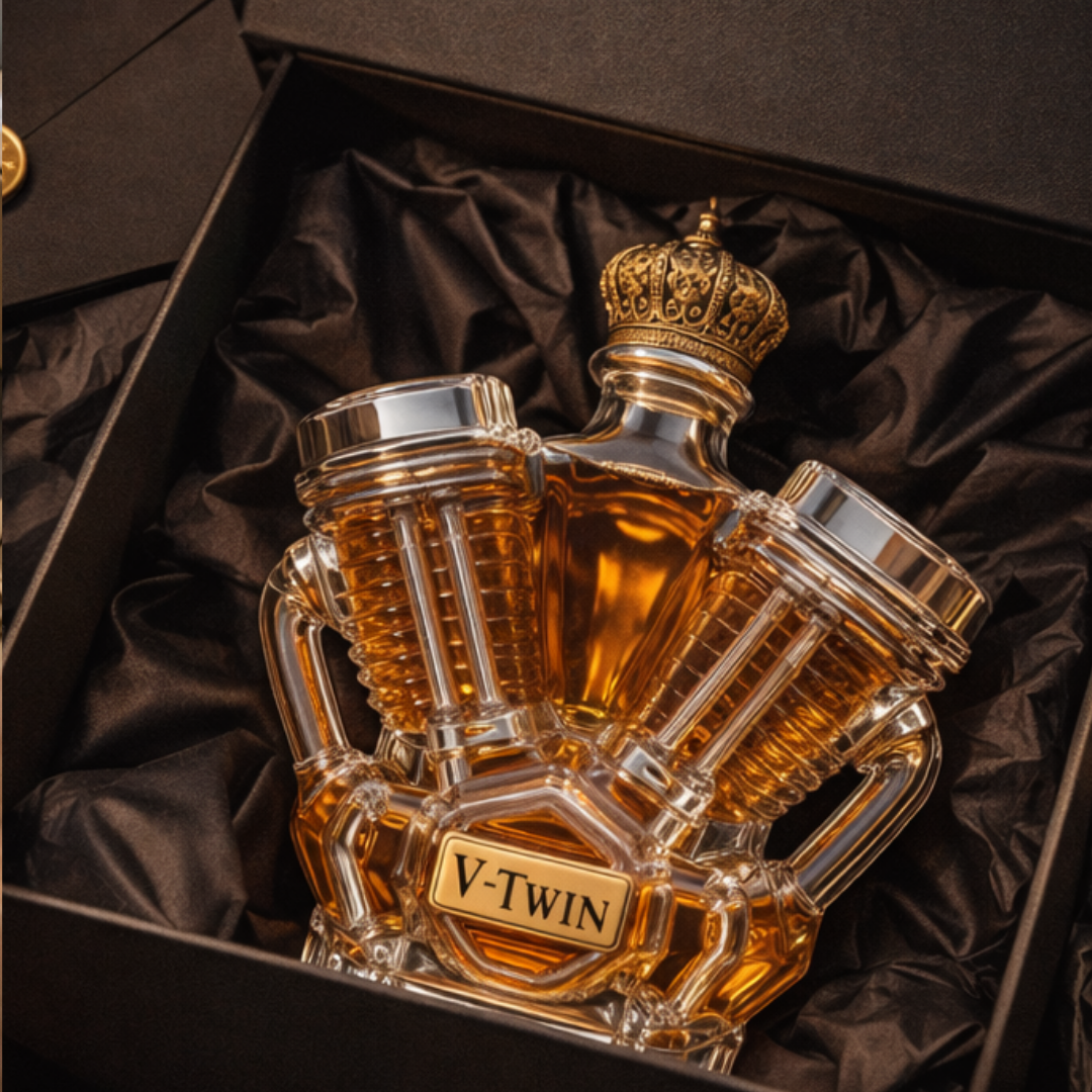 Veda Bremen Whisky Flachmann Edition V8, stainless steel with engraved design, compact and sleek for portable use.
