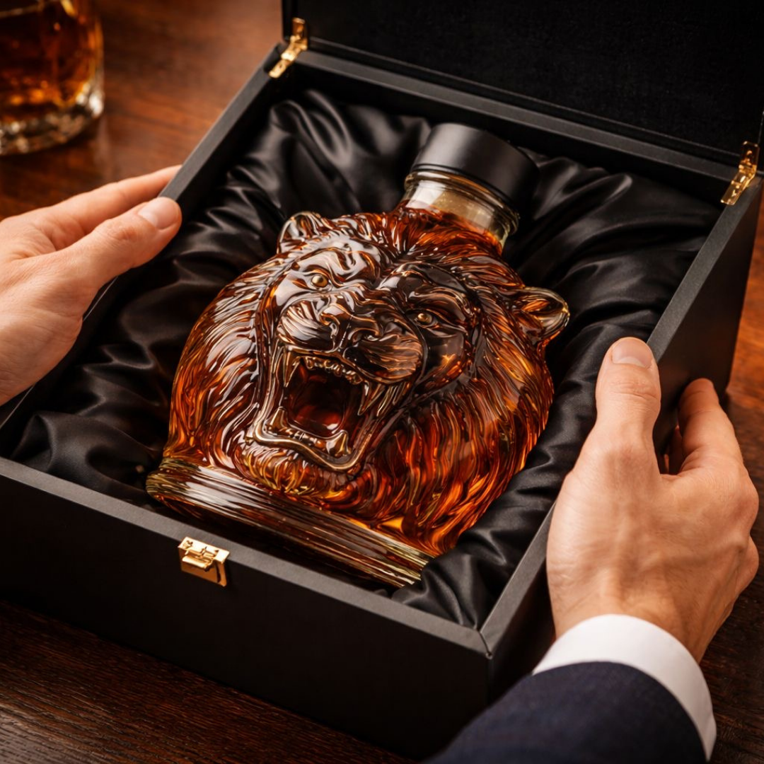 Veda Bremen Löwen Edition whisky bottle featuring a detailed lion design on the label and clear glass bottle.