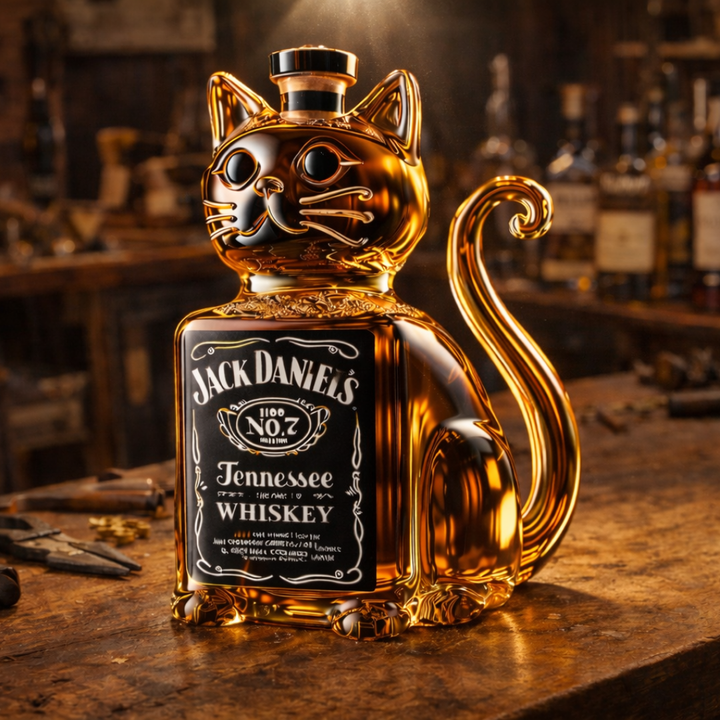 Veda Bremen Katzen Edition whisky bottle with cat-themed label, clear glass bottle showcasing amber whisky inside.