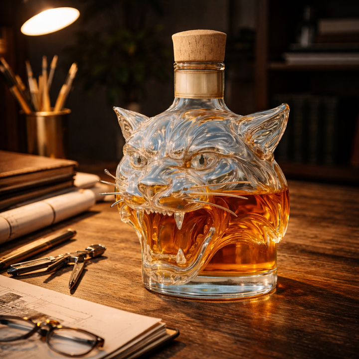 Veda Bremen Tiger Edition whisky bottle with vibrant tiger graphic label on clear glass bottle.