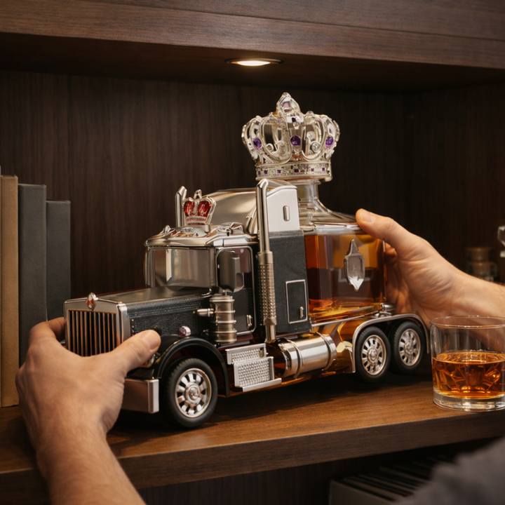 Veda Bremen Whisky Flachmann Truck Edition with detailed truck design, compact metal drink container for spirits.
