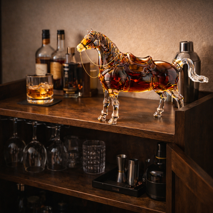 Veda Bremen Pferde Edition whisky bottle with horse-themed label, elegant glass bottle for collectible whisky display.