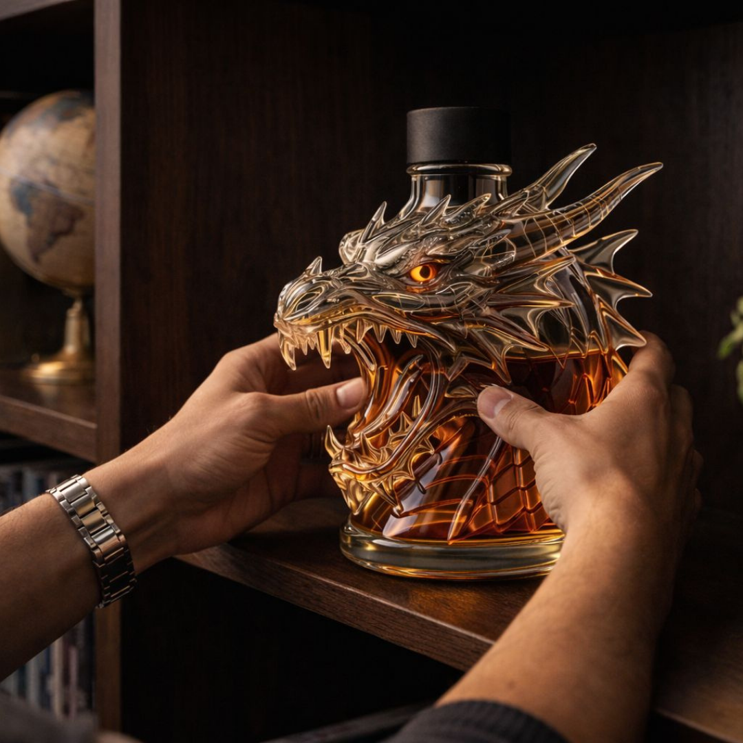 Veda Bremen Whisky Flasche Drachen Edition with intricate dragon design on a dark glass bottle.