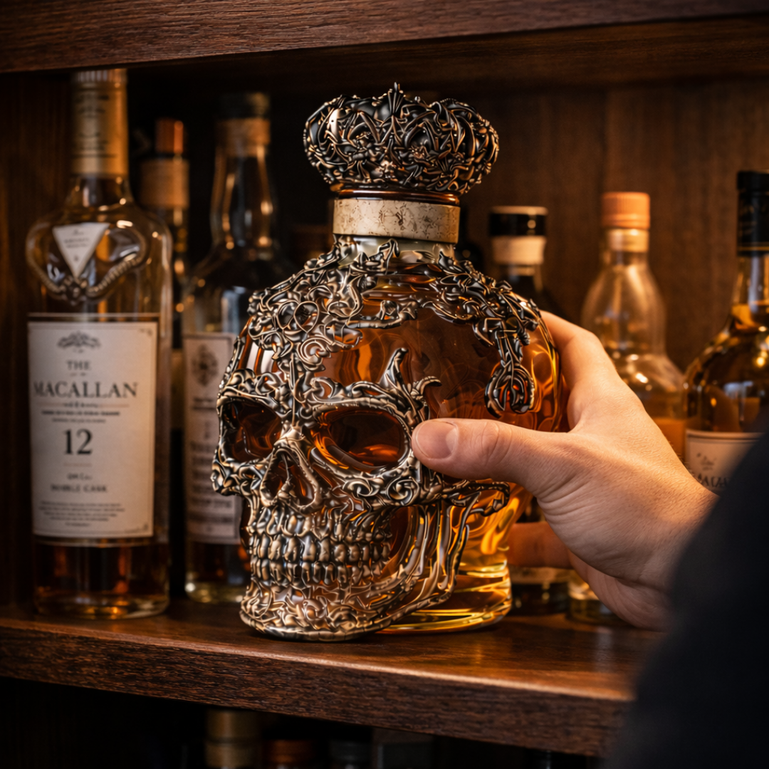 Veda Bremen whisky bottle featuring a skull design, black label, and distinctive skull-shaped packaging for the Totenschädel Edition.