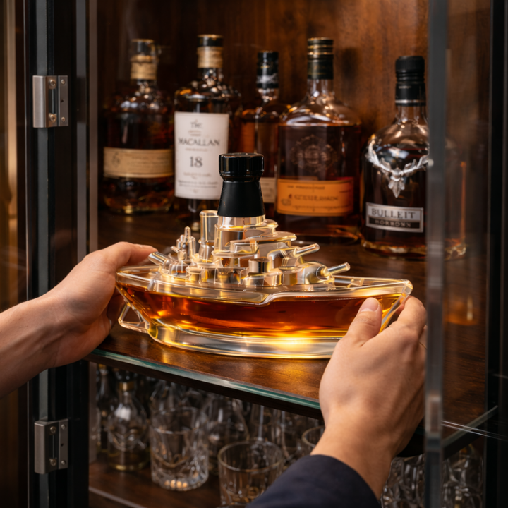 Veda Bremen Marine Edition whisky bottle, sleek design with maritime-themed label, positioned upright on a wooden surface.