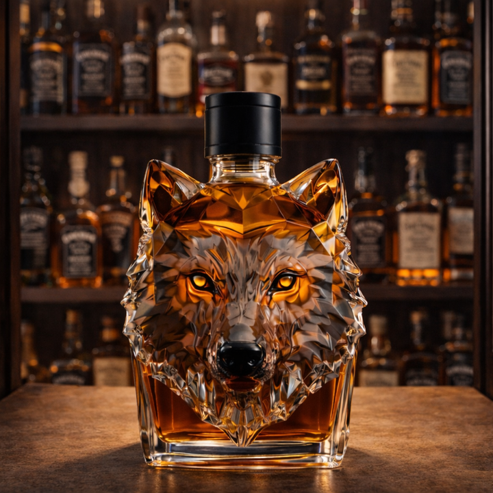 Veda Bremen Wolfs Edition whisky bottle with artistic wolf design on a clear glass bottle.
