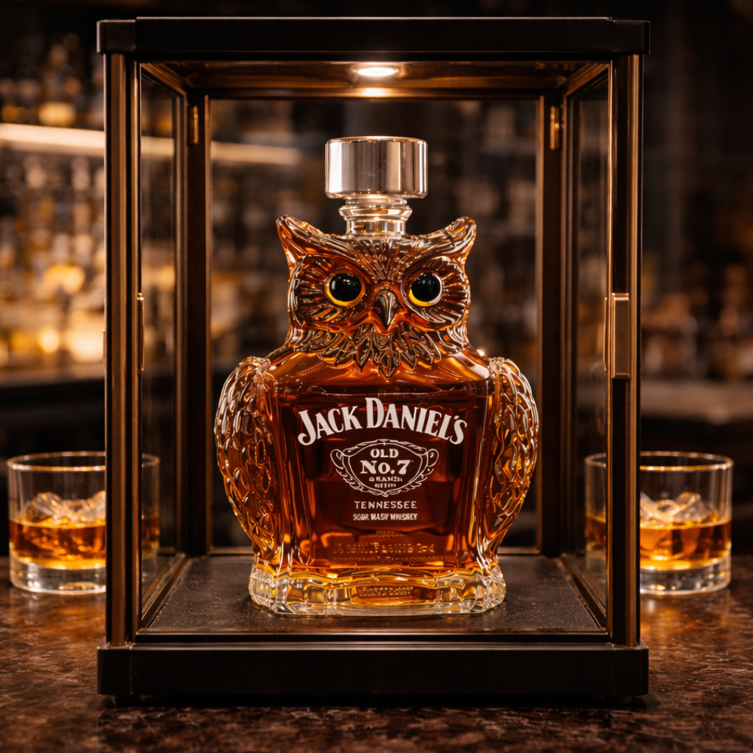 Veda Bremen Whisky Flasche Eulen Edition with detailed owl design on a clear glass bottle.