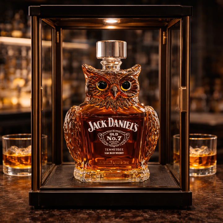 Veda Bremen Whisky Flasche Eulen Edition with detailed owl design on a clear glass bottle.