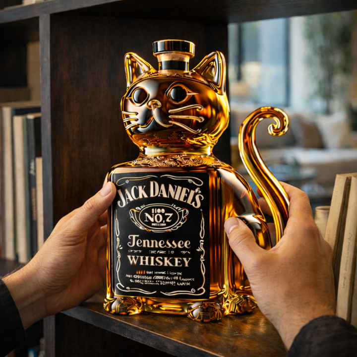 Veda Bremen Katzen Edition whisky bottle with cat-themed label, clear glass bottle with amber whisky inside.