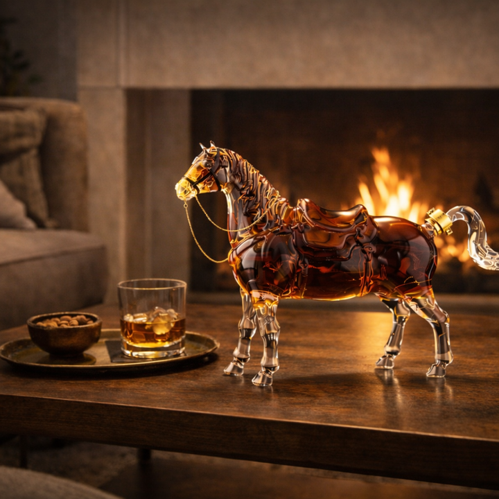 Veda Bremen Whisky Flasche Pferde Edition featuring a detailed horse-themed label, elegant glass bottle on a neutral background.