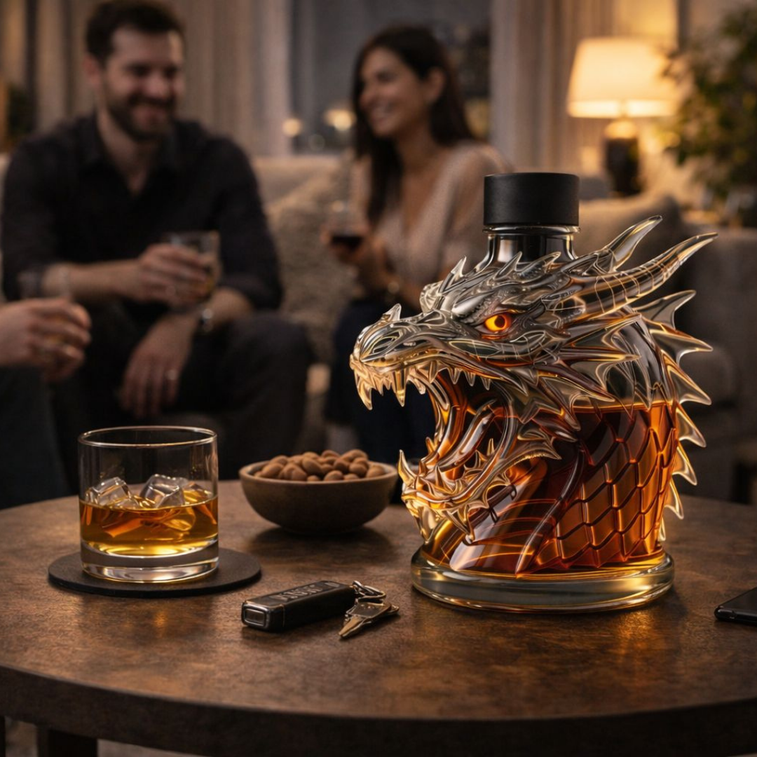 Veda Bremen Whisky Flasche Drachen Edition with intricate dragon design on a clear glass bottle.