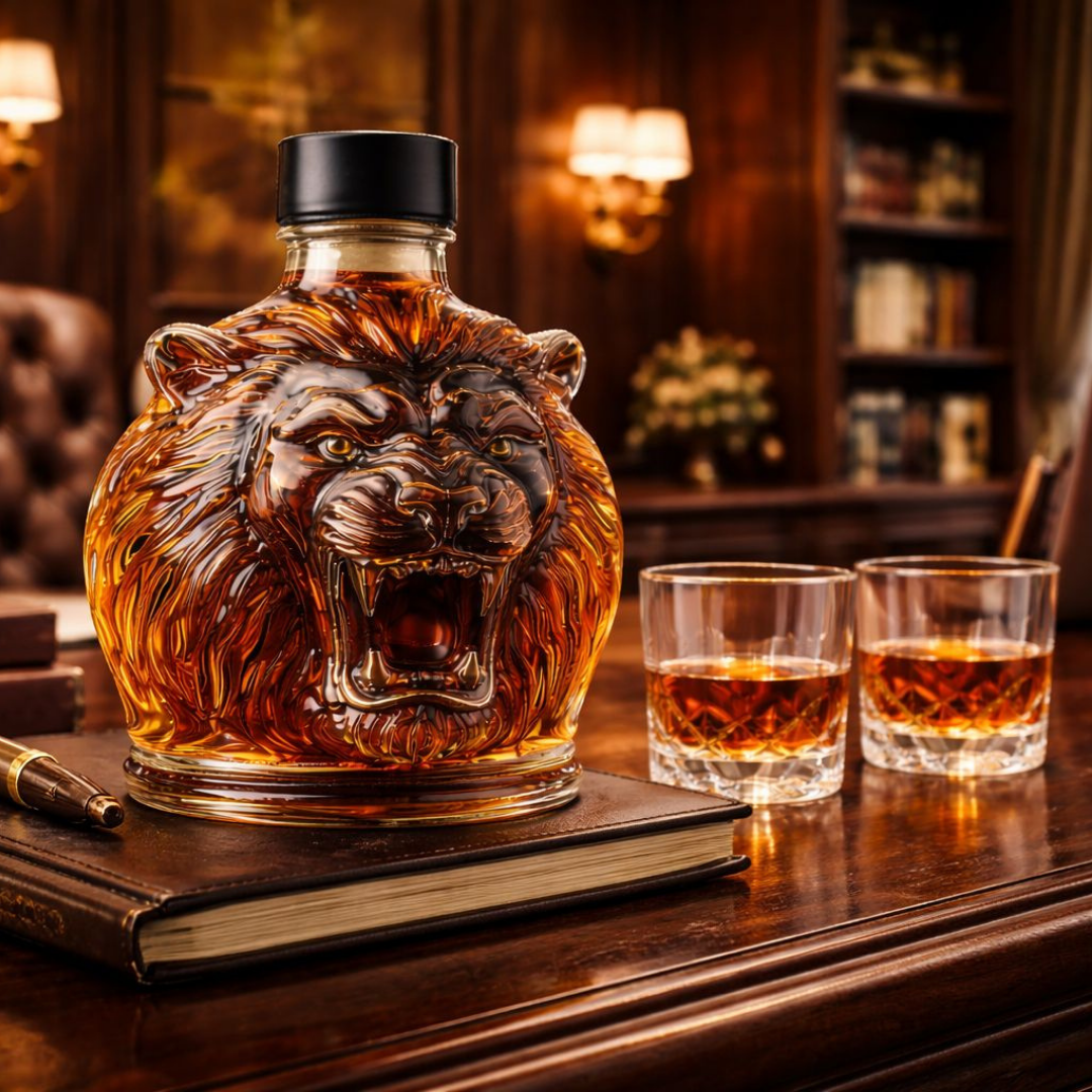 Veda Bremen Löwen Edition whisky bottle with detailed label and distinctive lion graphic on clear glass bottle
