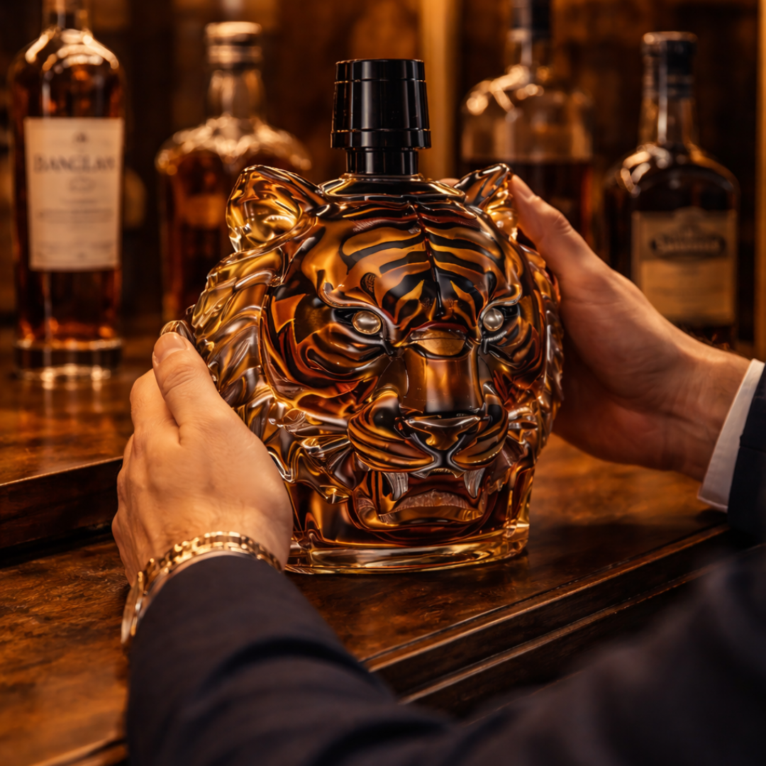 Veda Bremen Tiger Edition whisky bottle with distinctive tiger illustration on a clear glass bottle.