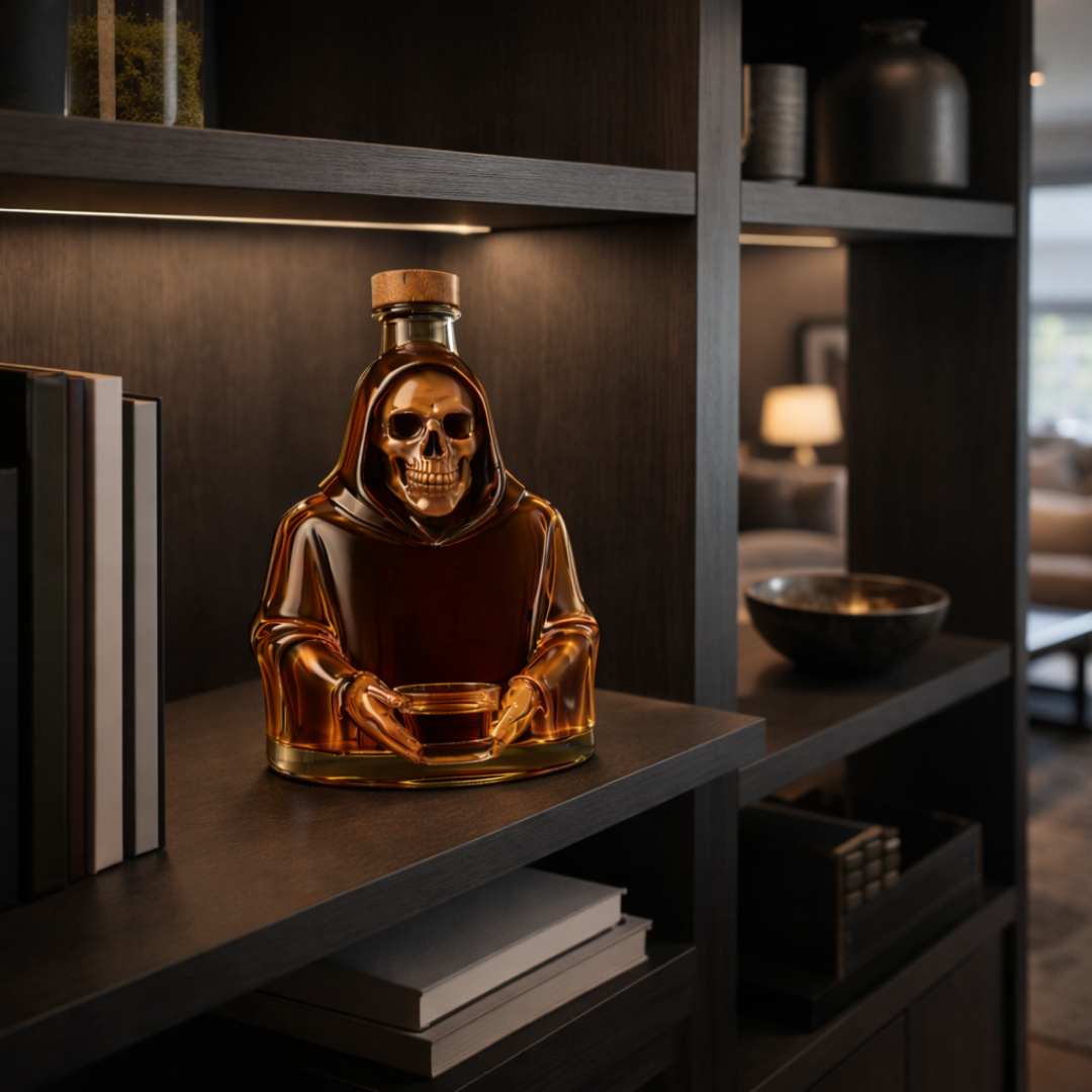 Veda Bremen Whisky Flasche Death Edition with dark, artistic label design, sleek glass bottle for collectible spirits.