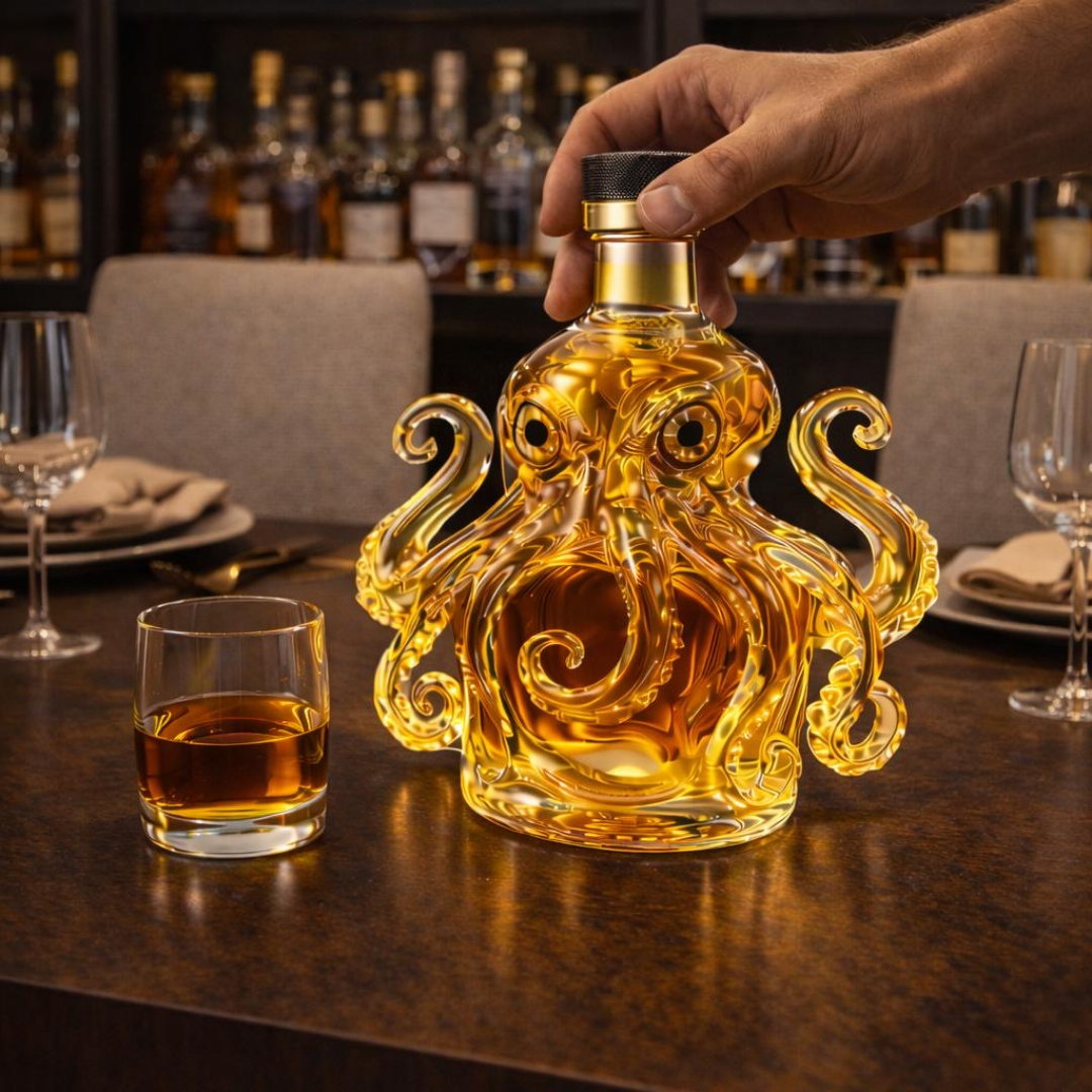 Veda Bremen Whisky Flasche Oktopus Edition with intricate octopus design on clear glass bottle.