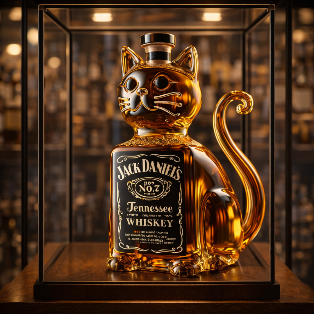 Veda Bremen Katzen Edition whisky bottle featuring playful cat illustrations on a sleek glass bottle.
