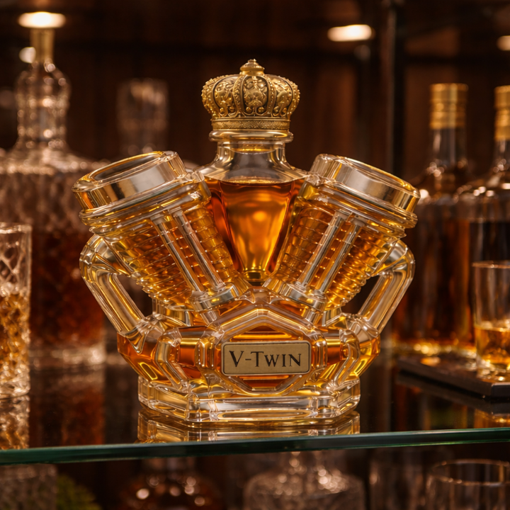 Veda Bremen Whisky Flachmann - Edition V8, stainless steel with engraved design, compact and portable for beverages.
