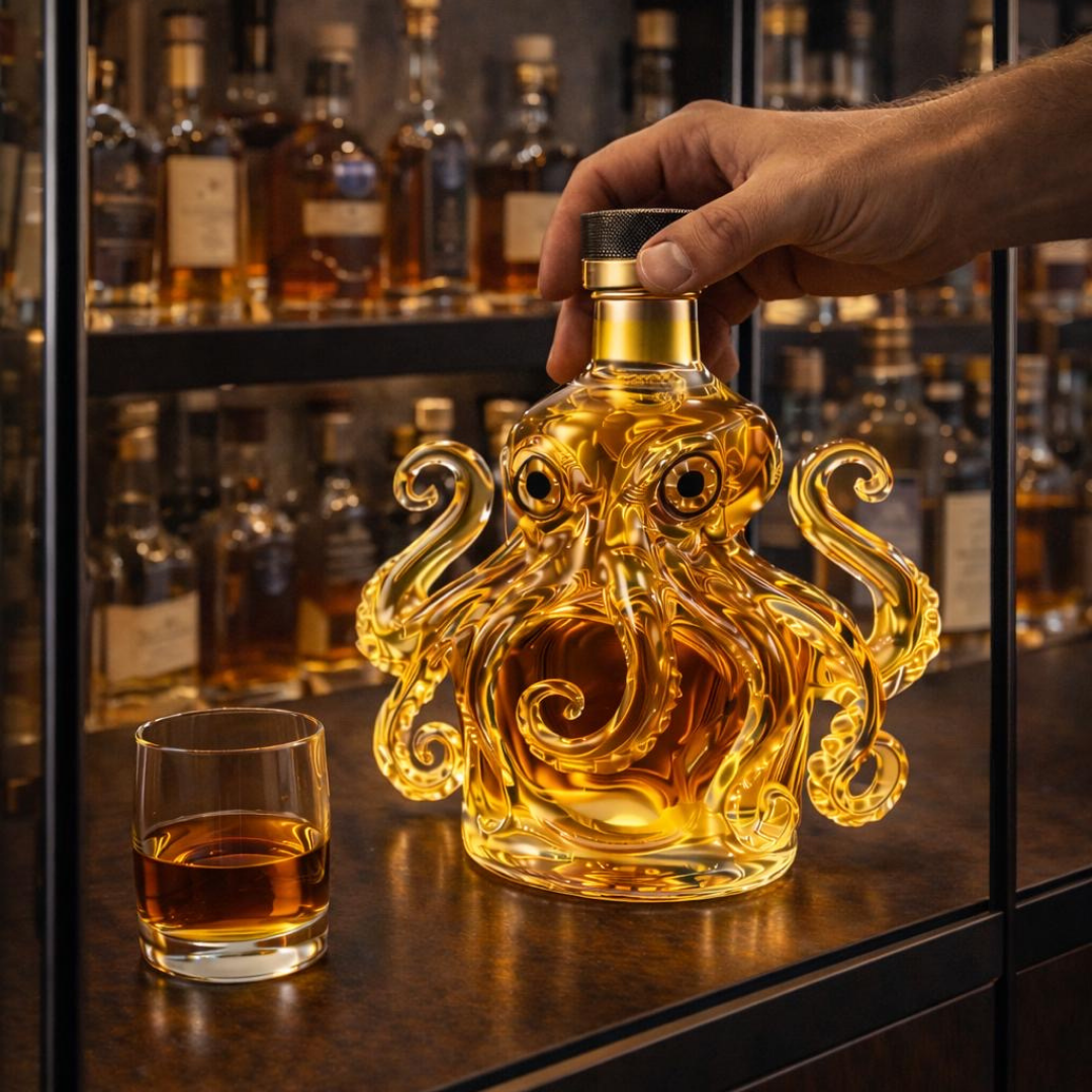 Veda Bremen Whisky Flasche Oktopus Edition with detailed octopus design on clear glass bottle.