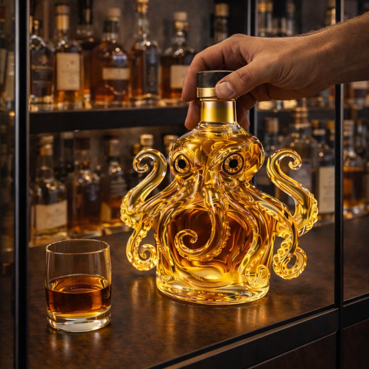 Veda Bremen Whisky Flasche Oktopus Edition with detailed octopus design on clear glass bottle.