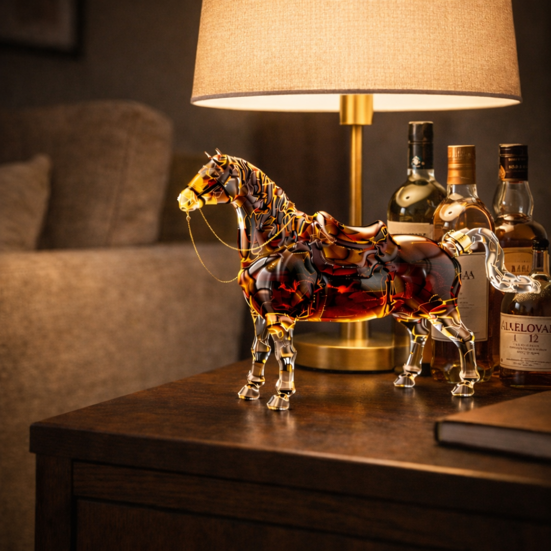 Veda Bremen whisky bottle featuring horse-themed design, showcasing the distinctive Pferde Edition on a clear glass bottle.