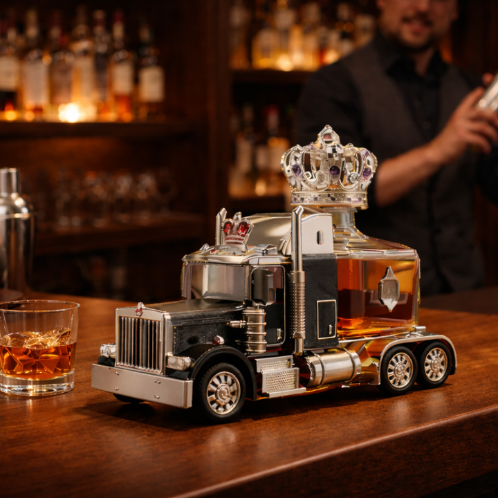 Veda Bremen Whisky Flachmann Truck Edition with engraved truck design, compact and portable stainless steel liquor flask.