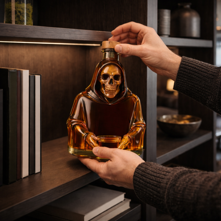 Veda Bremen Death Edition whisky bottle with dark, artistic label design, featuring a sleek glass bottle on a neutral background.