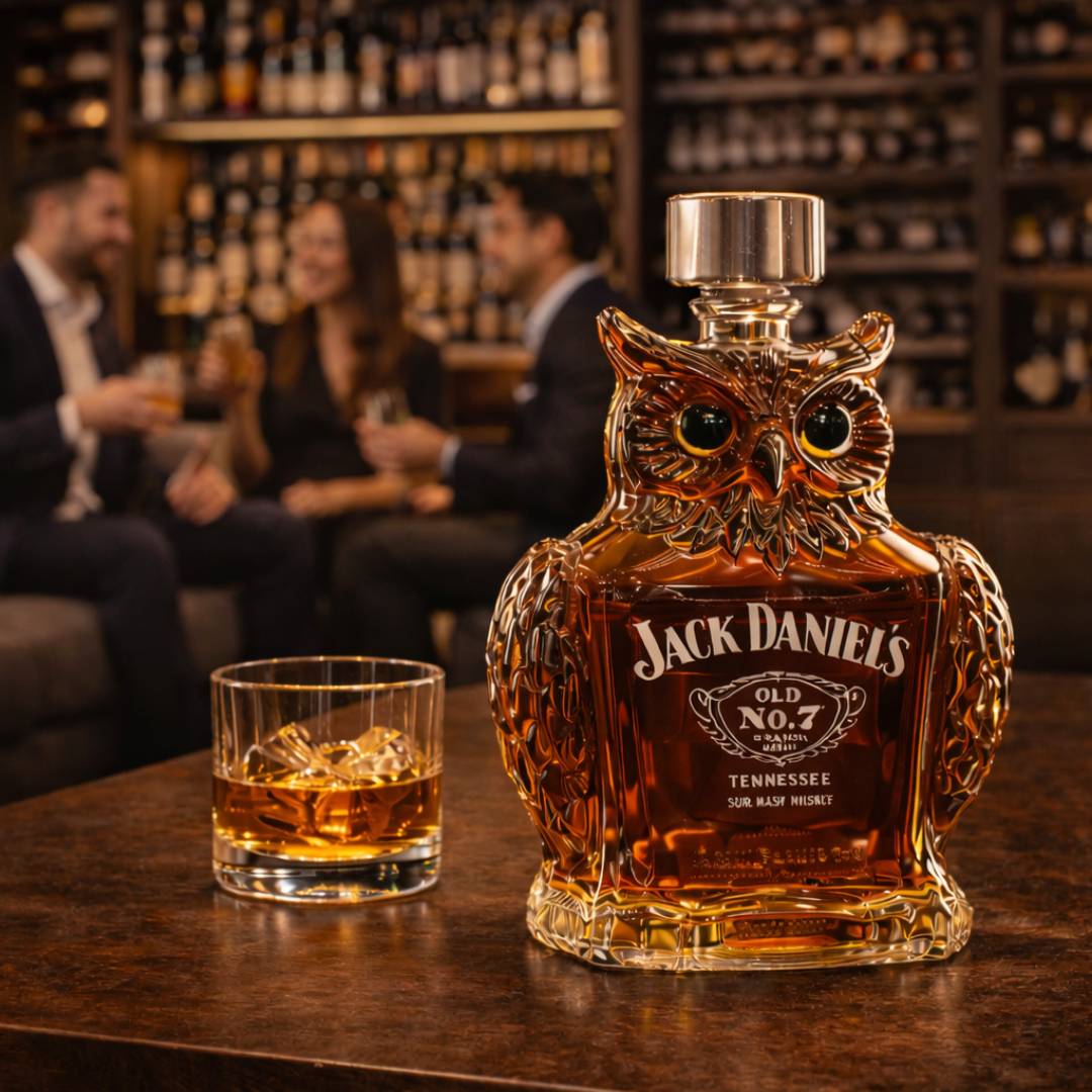 Veda Bremen Eulen Edition whisky bottle with owl-themed label, dark glass bottle with intricate design.
