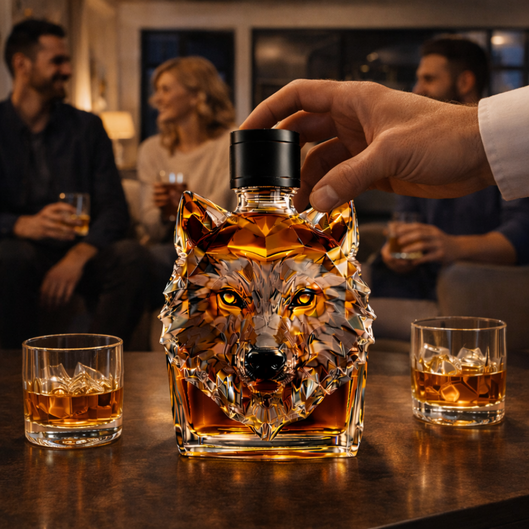 Veda Bremen Wolfs Edition whisky bottle with detailed label, dark glass, and wolf imagery on a neutral background.