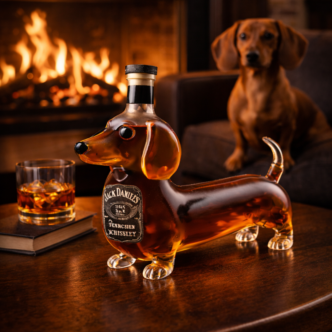Jack Daniel's Whisky bottle featuring a Dackel dog illustration by Veda Bremen, with a clear glass bottle and label design visible.