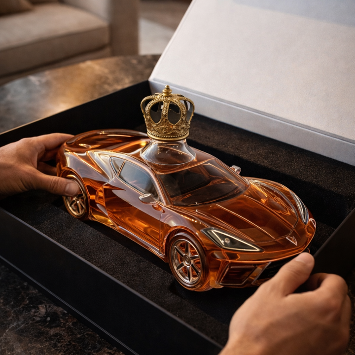 Veda Bremen Corvette Edition whisky bottle with sleek label and distinctive car-themed design, standing upright against a neutral background.