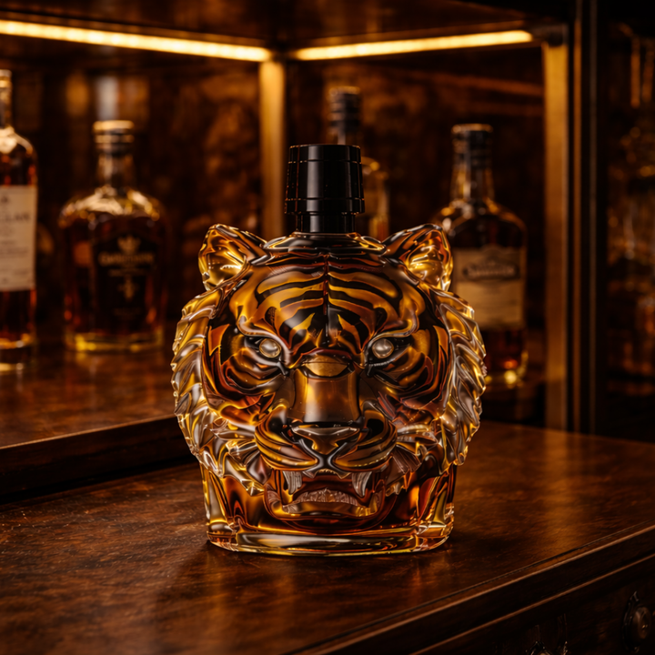 Veda Bremen Whisky Flasche Tiger Edition with detailed tiger design label and clear glass bottle.