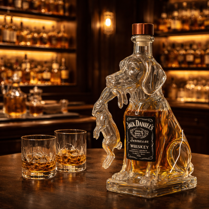 Veda Bremen Hunde Edition whisky bottle featuring a dog-themed label, clear glass bottle with detailed artwork.