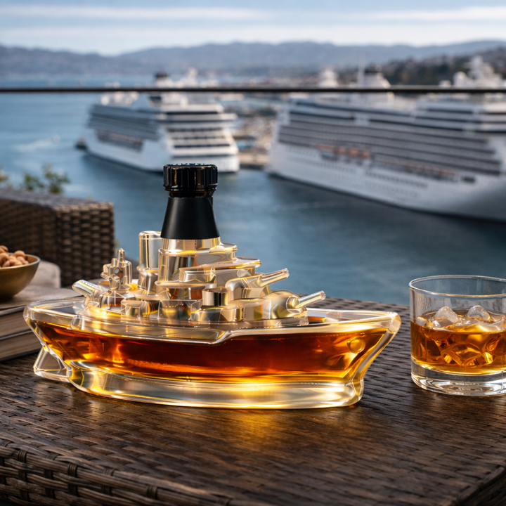 Veda Bremen Marine Edition whisky bottle with nautical label and design, standing upright on a wooden surface.
