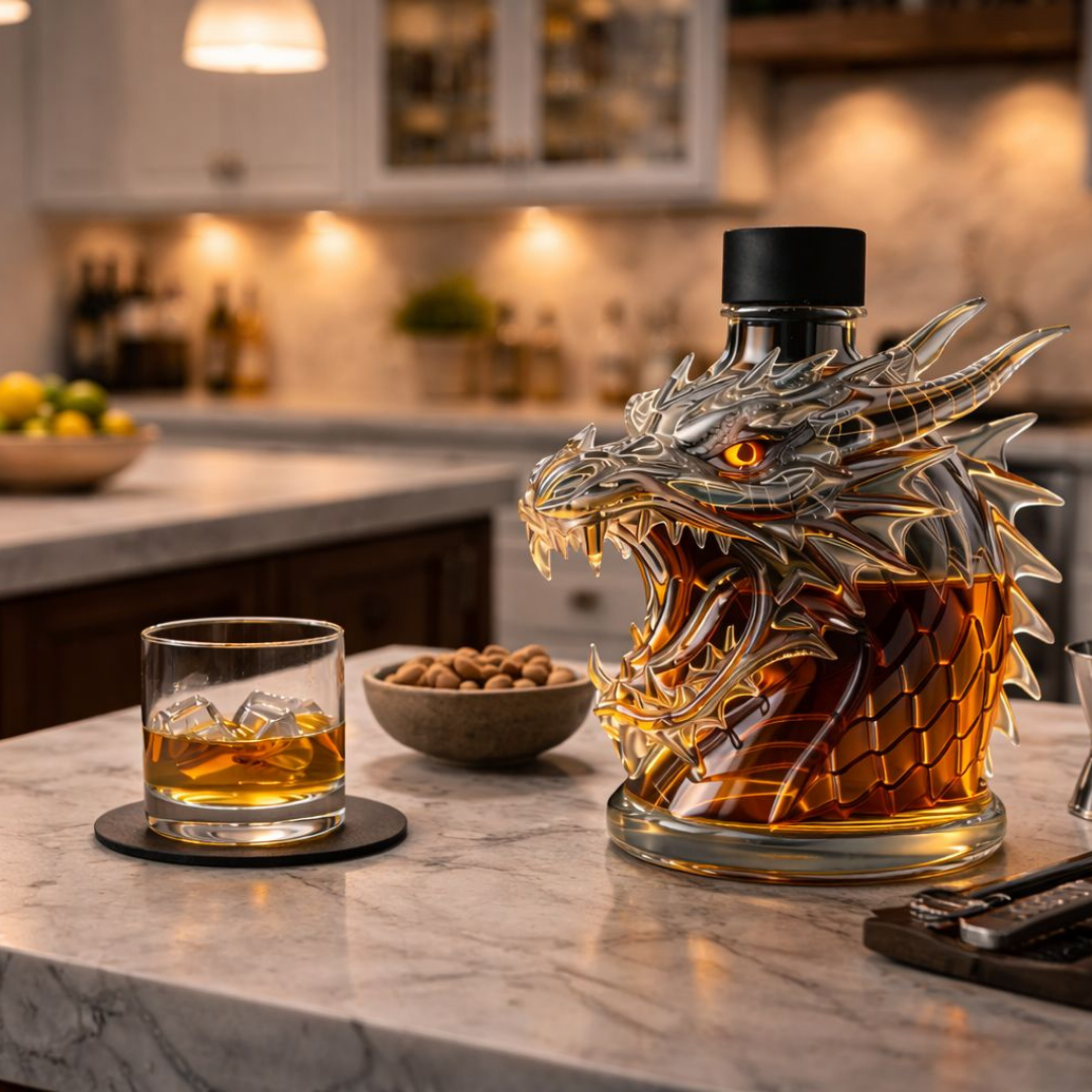 Veda Bremen Whisky Flasche Drachen Edition featuring intricate dragon artwork on a sleek bottle design.