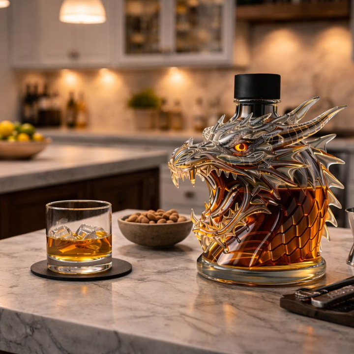 Veda Bremen Whisky Flasche Drachen Edition featuring intricate dragon artwork on a sleek bottle design.