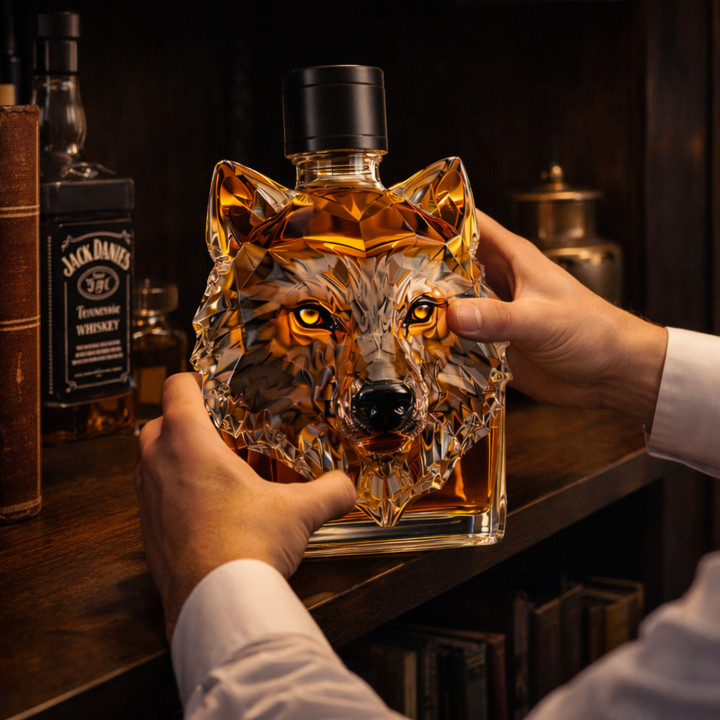 Veda Bremen Wolfs Edition whisky bottle, sleek design with wolf artwork, standing upright on a white background.