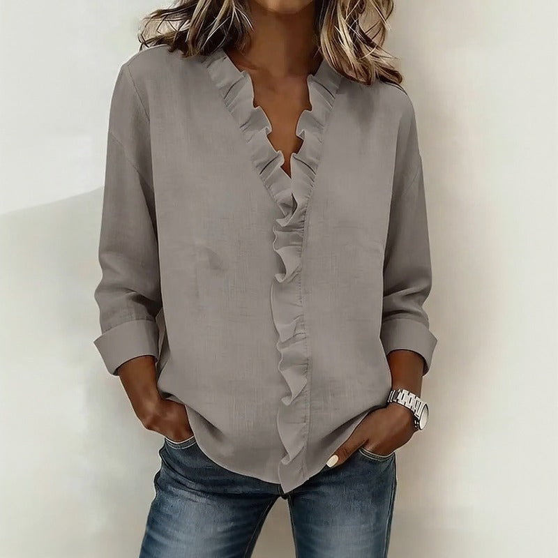 Veda Bremen Sorelle™ blouse with vertical ruffle, showcasing elegant, timeless style in soft fabric and classic design.
