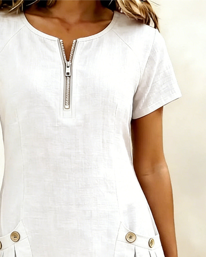 Veda Bremen Dariae linen blend A-line dress displayed on a model, featuring a relaxed fit and natural fabric texture.