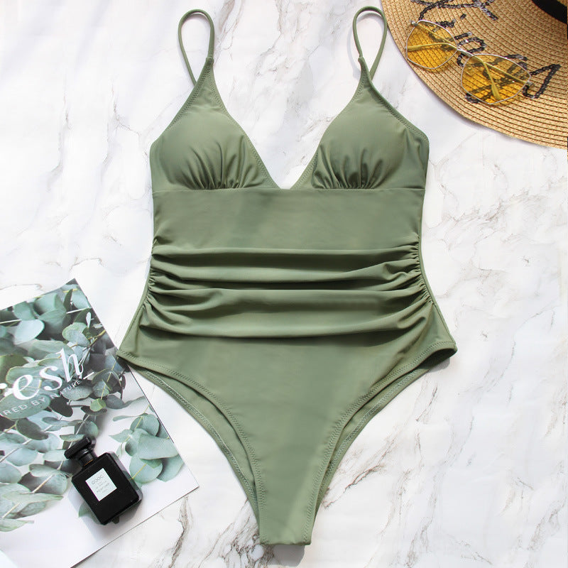 Veda Bremen Serena one-piece swimsuit in army green, featuring a sleek, fitted design and scoop neckline.