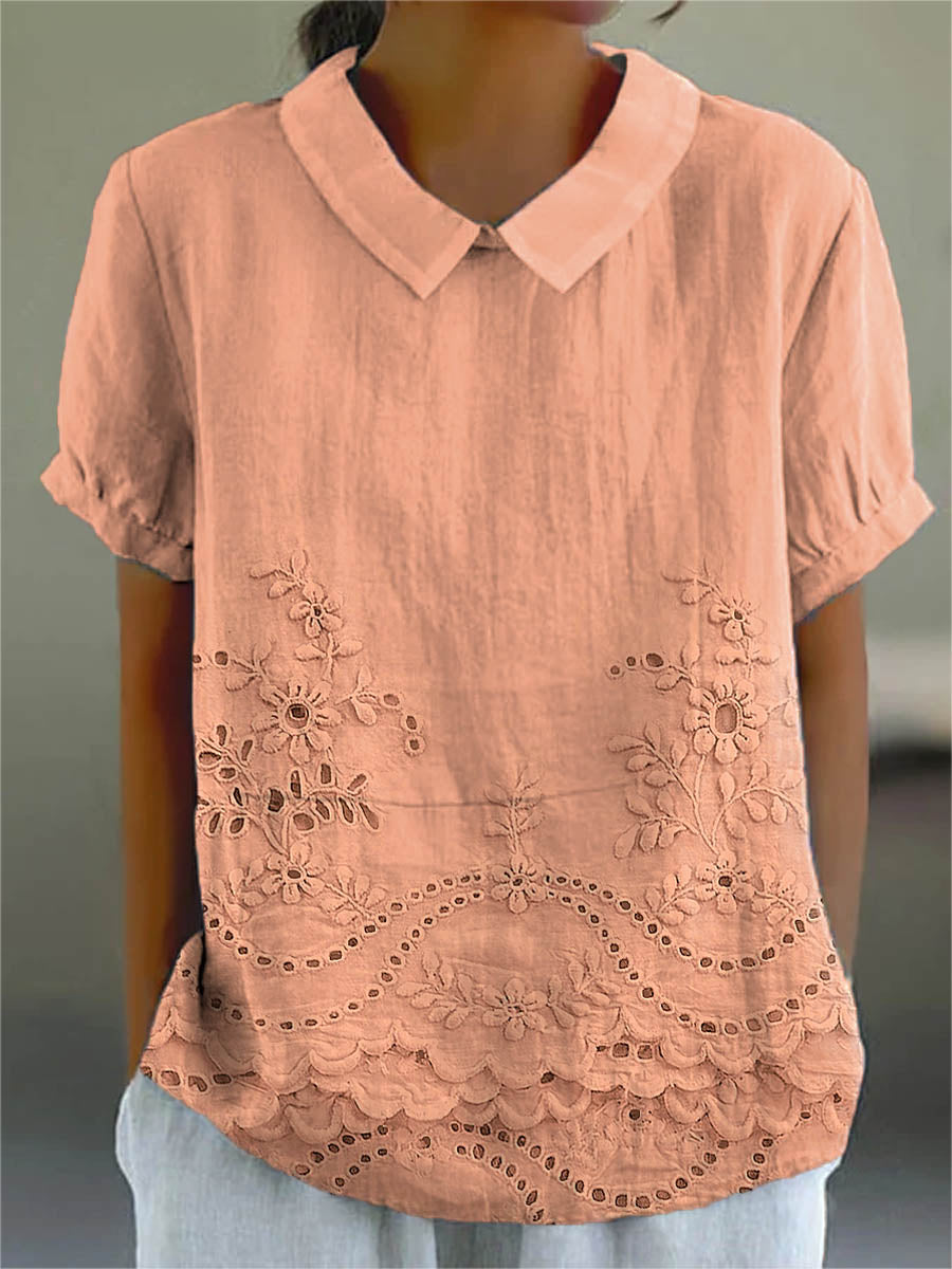 Veda Bremen Lily embroidered floral shirt with colorful flower patterns, long-sleeve button-up blouse, close-up view.